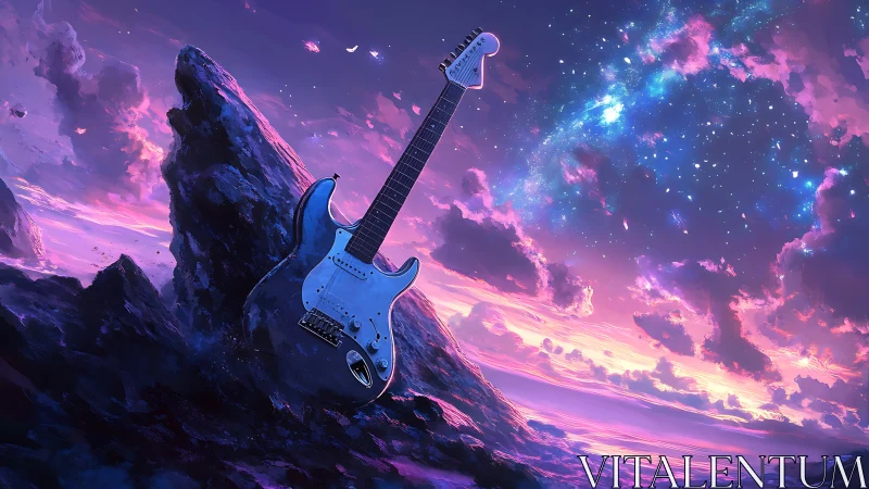 Electric guitar rises under cosmic sky in vivid twilight.
