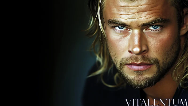 Storm-lit gaze of a golden-haired digital wanderer.