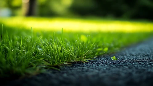 Grass blades lean into sunlight along a quiet asphalt edge.