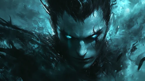 Dark ethereal warrior with glowing blue eyes in mist.