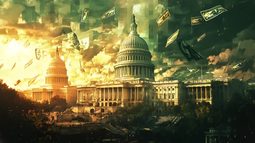 Capitol skyline under swirling storm of drifting money.
