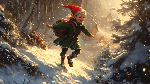 Joyful Christmas elf runs through a glowing winter forest.