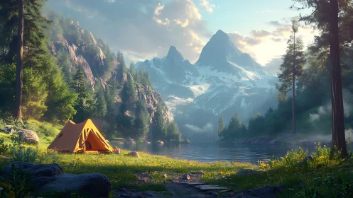 Orange tent beside alpine lake under towering snowy peaks