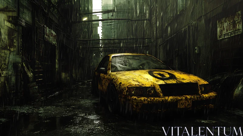 Abandoned yellow taxi decays in rain soaked cyberpunk alley.