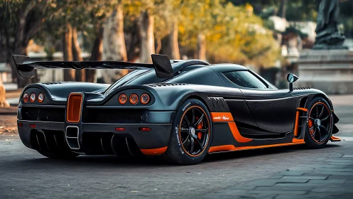 Carbon comet hypercar ignites quiet city streets at dusk.