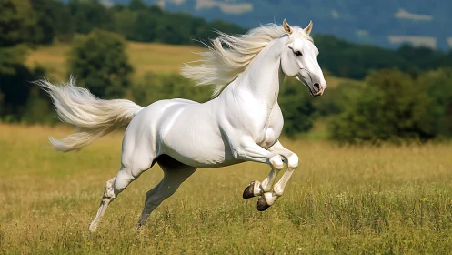White horse runs freely across a sunlit summer meadow
