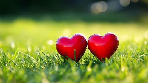 Two Gleaming Red Hearts Nestled in Soft Green Grass