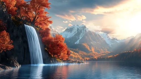 Mountain lake with waterfall and autumn forest at sunset.