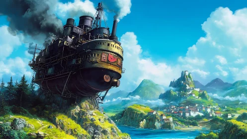 Steam-powered airborne vessel above coastal valley landscape.