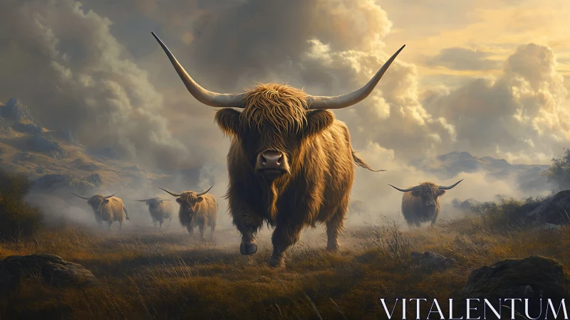 Majestic highland cattle stride through misty golden hills.