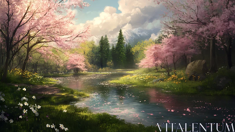 Spring blossoms frame a tranquil river beneath snowy peaks.