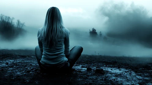 Solitary dreamer resting beside a mist-drowned lakeshore twilight.