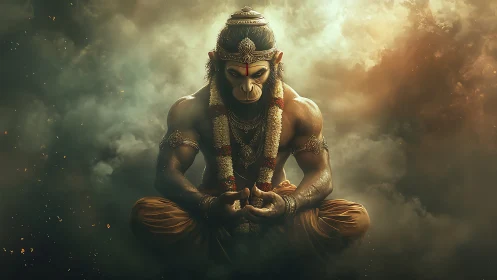 Divine monkey warrior in fiery smoke-lit meditation trance.