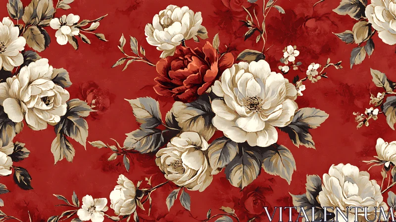 Vintage Roses Bloom on Crimson: Classic Floral Damask Pattern