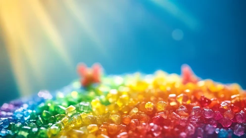 Colorful sugar crystals sparkle under warm sunlight rays