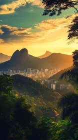 Urban valley, forested hills and layered mountains at sunset.