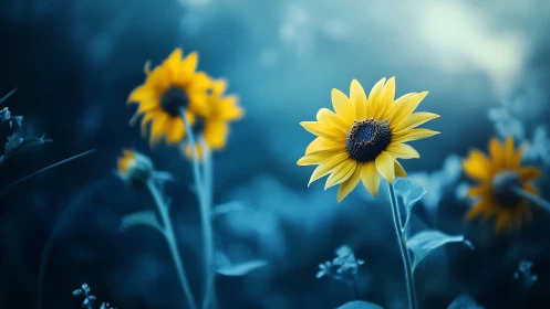 Sunflowers Against Dark Blue Background with Selective Focus