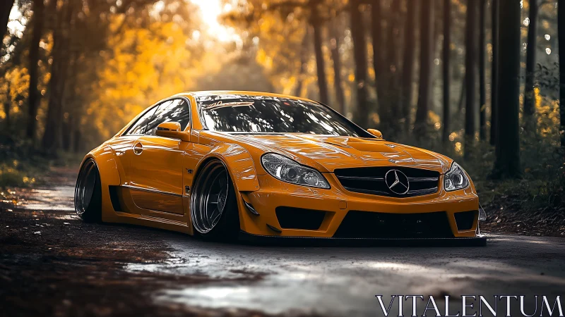 Widebody yellow Mercedes coupe on forest road at sunset