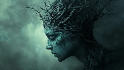 Melancholic tree spirit profile in misty green void.