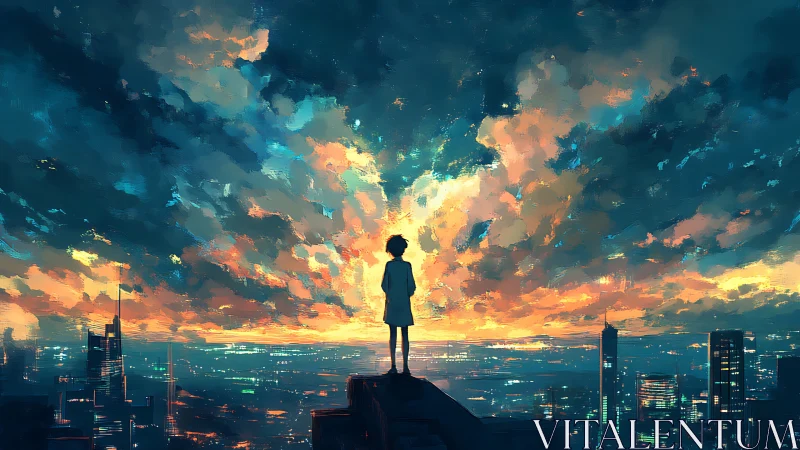 Silhouetted dreamer watches a luminous city sunset sky.