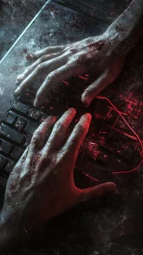 Haunted hands over a glowing keyboard in digital dusk.