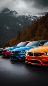 Row of BMW sports cars lines wet road in alpine valley