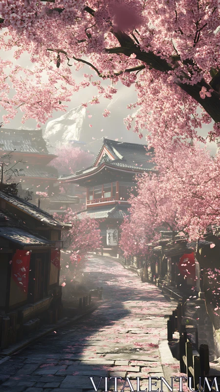 Sakura stoneway to a quiet temple crowned in drifting petals.