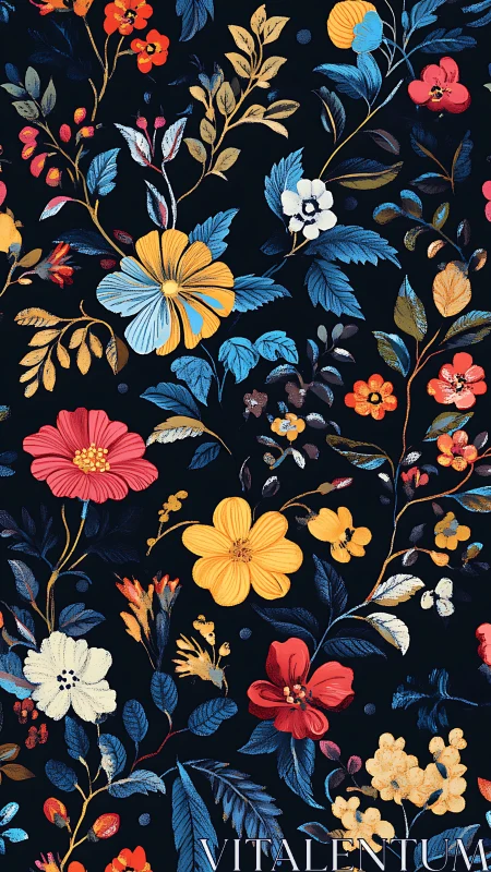 Dense Botanical Illustration With Vibrant Florals Against Dark Navy Ground.