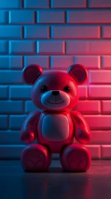 Neon-lit toy bear against blue and magenta brick wall backdrop.