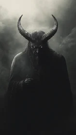 Horned shadow king studies mortals from a smoke halo