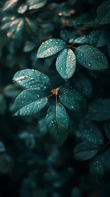 Rain-kissed green leaves glow softly against a dark forest