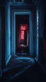 Deserted interior corridor with red backlit doorway view.