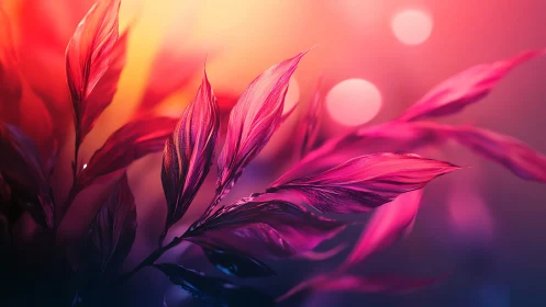 Luminous magenta leaves glow against soft bokeh sunset haze.