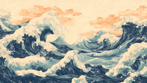 Waves rehearse ancient stories beneath peach cloud script