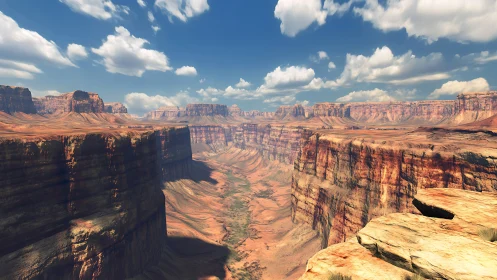 Sunlit desert canyon stretching under soft drifting clouds.