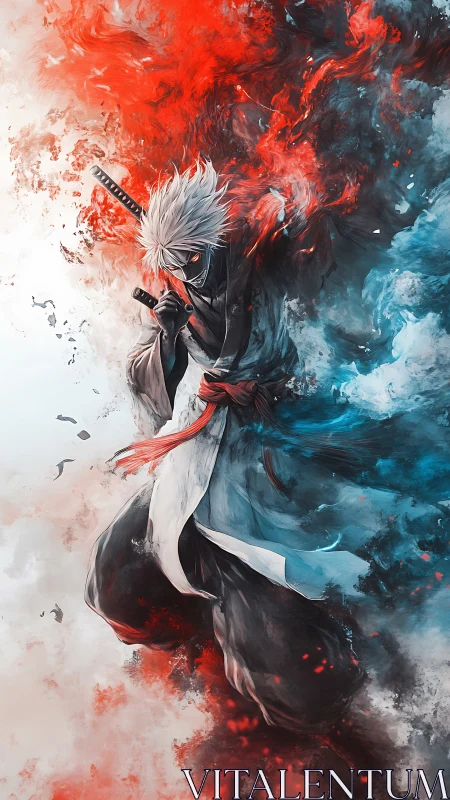 Masked white haired swordsman in swirling red and blue energy.