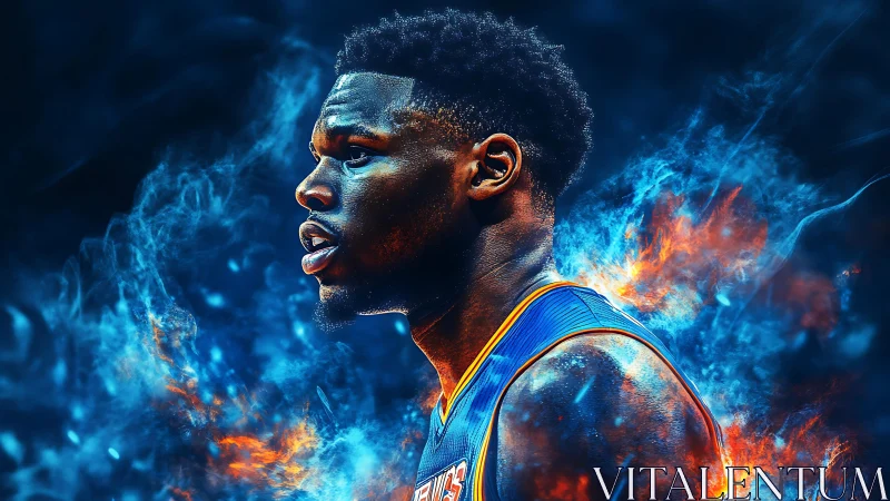 Fiery basketball portrait radiates energy and focused power.