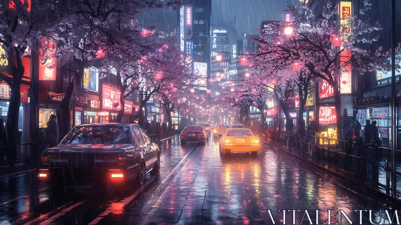 Rainy neon street under soft cherry blossom glow at dusk.