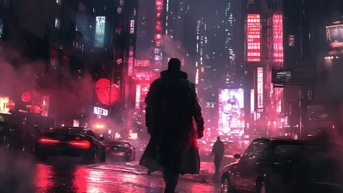 Solitary figure in neon-soaked cyberpunk rain-soaked avenue.