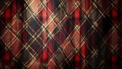 Warm tartan textile pattern in diagonal red and gold grid.