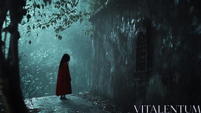 Solitary child in red amid misty forest wall shadows.