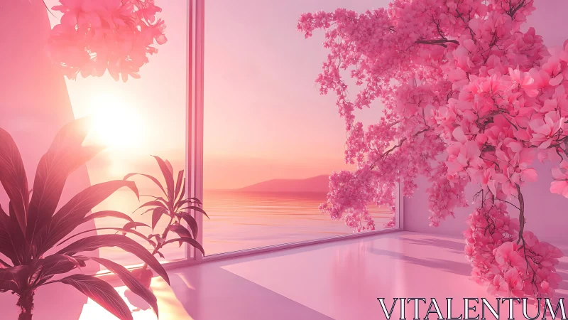 Sunset-drenched cherry blossoms quietly flood a glass room