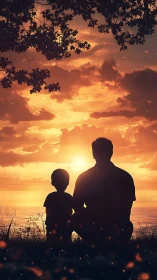 Silhouetted father and child watch blazing lakeside sunset.