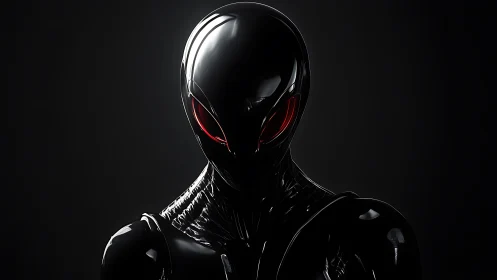 Glossy black humanoid figure stands in low key lighting