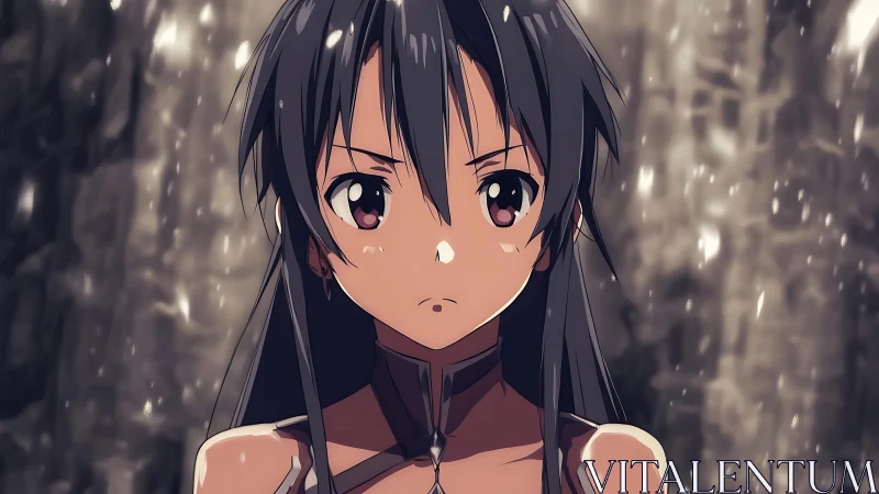 Rain‑drenched anime warrior under diffuse backlit cascade.