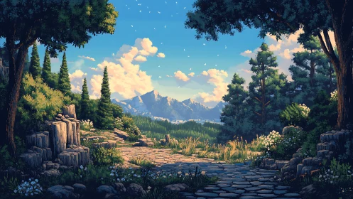 Mountain valley landscape framed by towering forest trees with ancient stone pathway