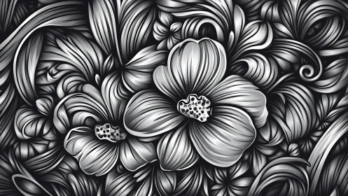 Elegant Monochrome Floral Pattern with Intricate Line Work