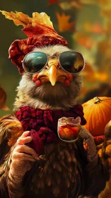 Anthropomorphic rooster figure wearing aviator sunglasses and formal attire.