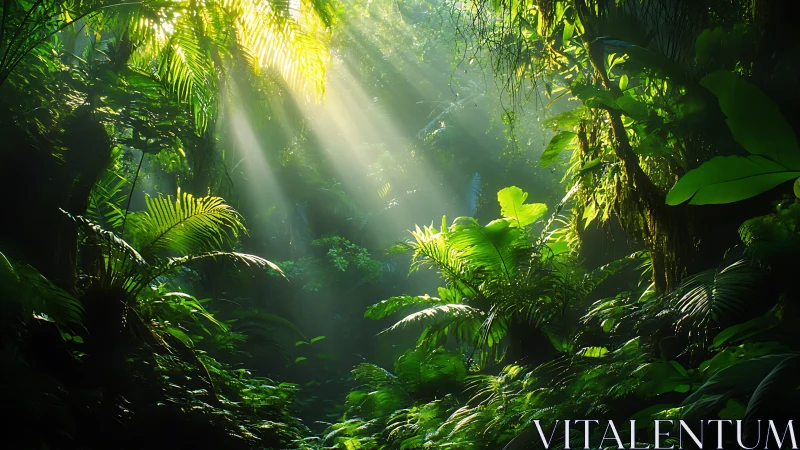 Rainforest canopy with golden light rays penetrating dense vegetation.