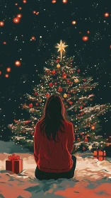 Woman kneels before glowing Christmas tree under starlit sky